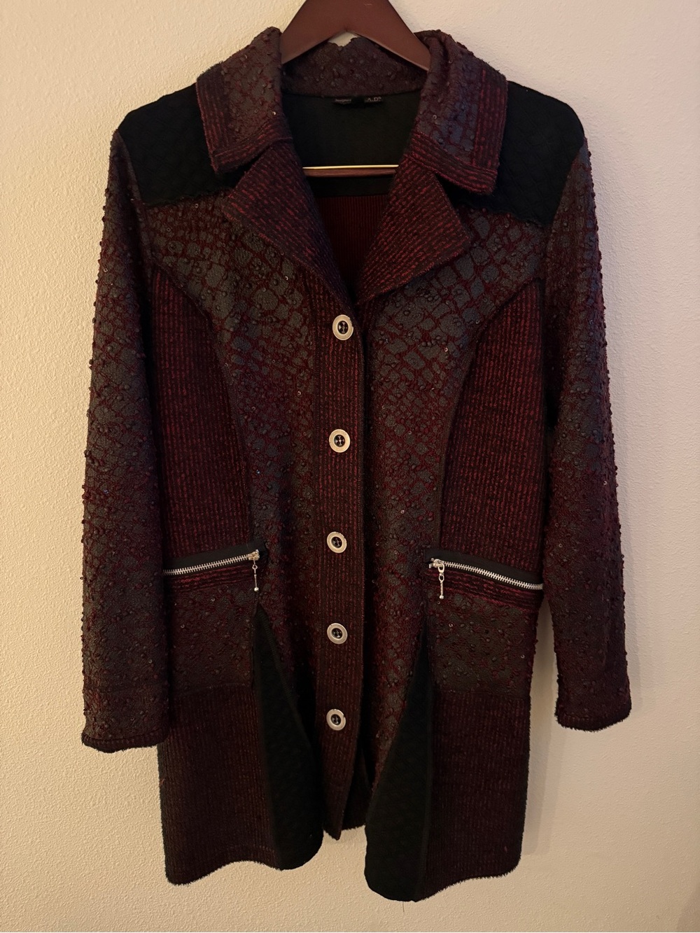 S.A.D. Burgundy Black Textured Long Jacket Size 12 Art to Wear Lagenlook